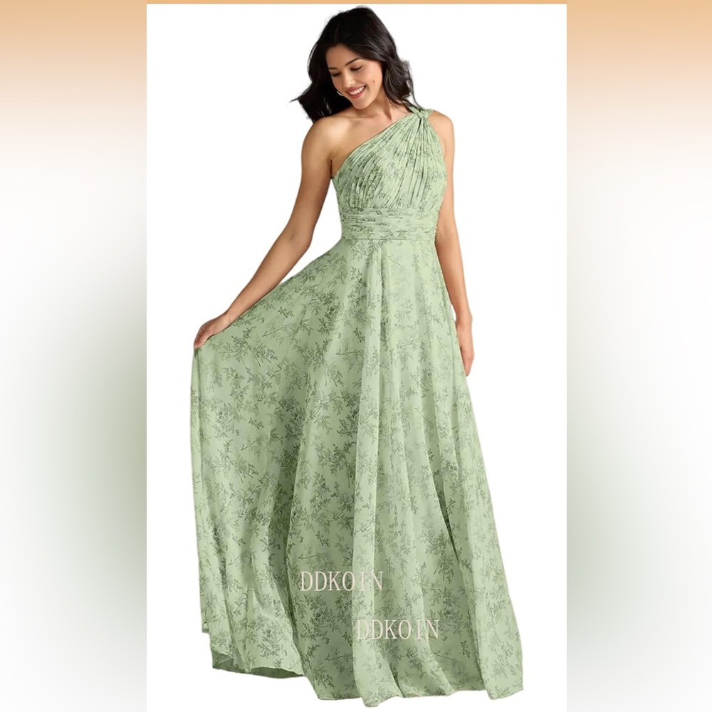 One-Shoulder Sage Green Floral Asymmetrical Evening Dress